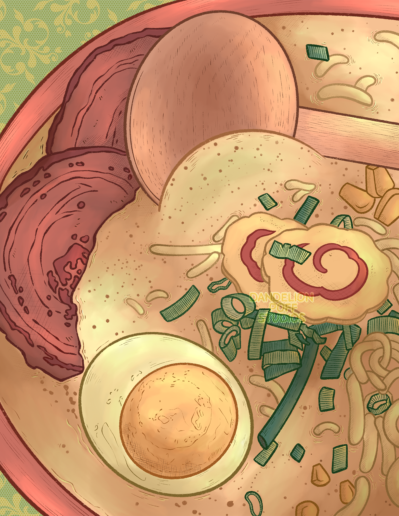 Bowl of ramen with various toppings on a colorful background illustration