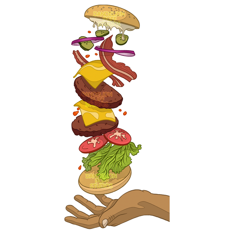 Hand holding stacked burger with various ingredients illustration