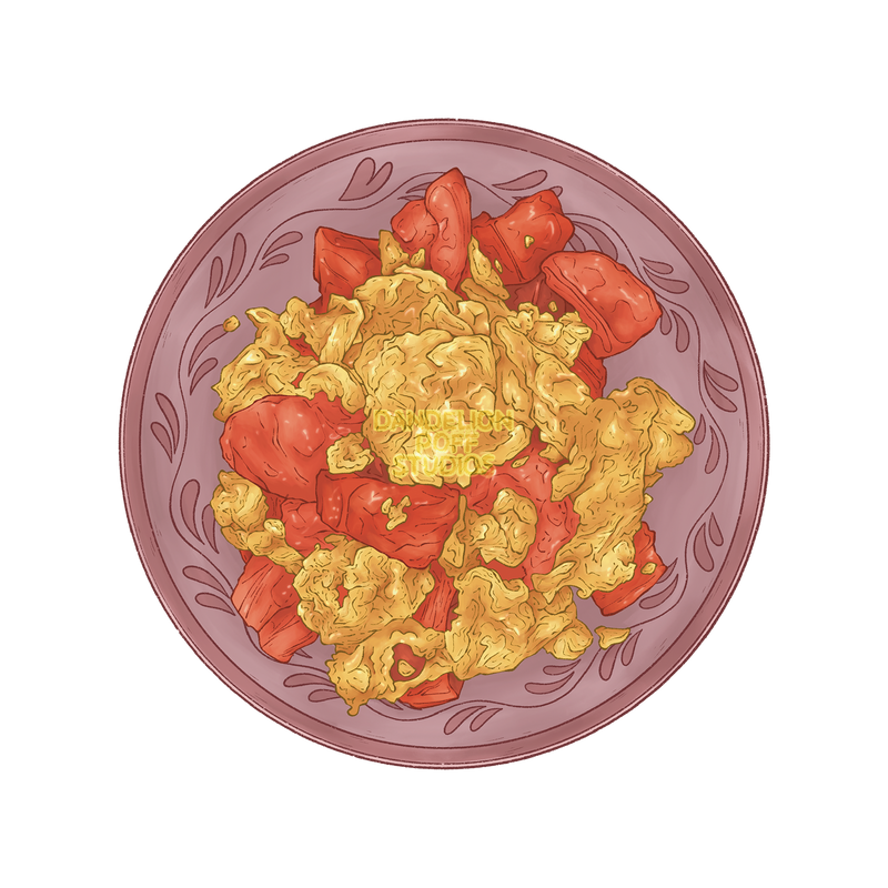 Fried tomato and egg illustration