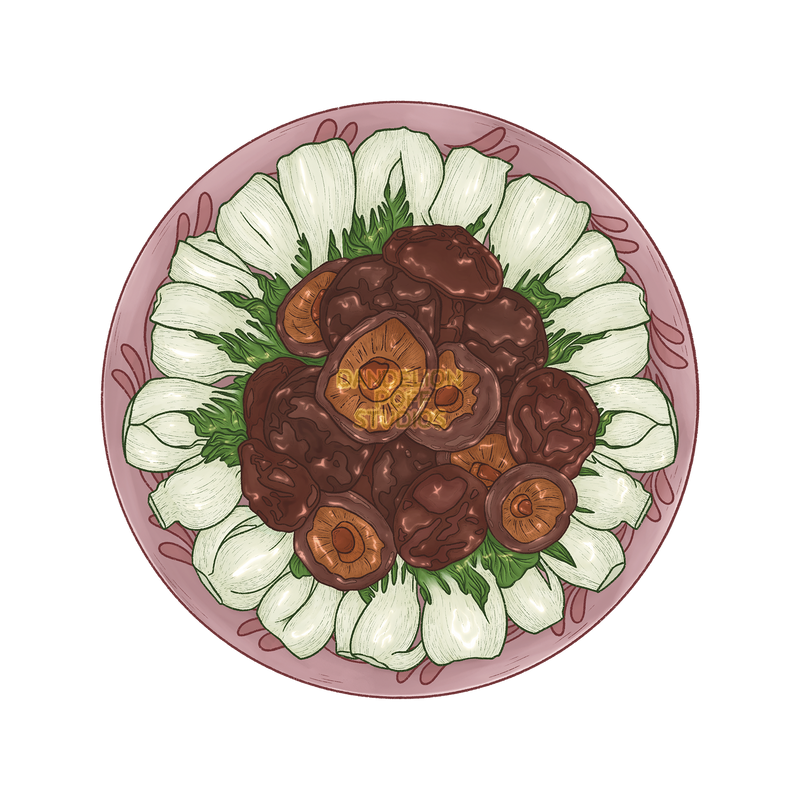 Mushroom and bok choy dish illustration