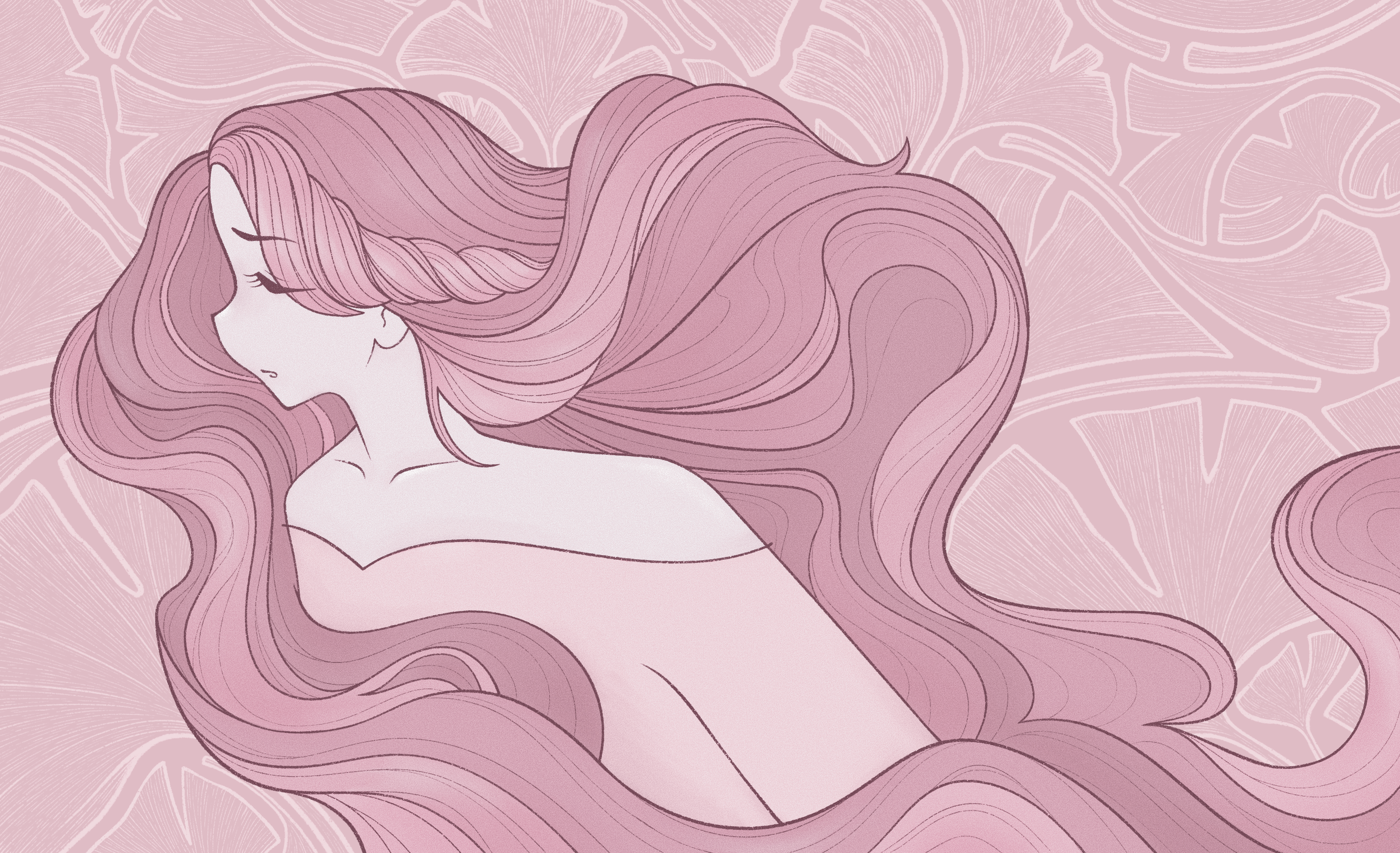 Illustration of a woman with flowing hair on a pink background
