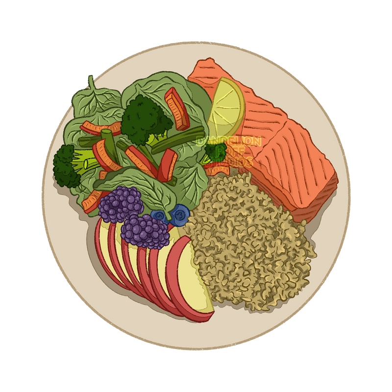 Plate of salmon, rice, apples, and vegetables illustration