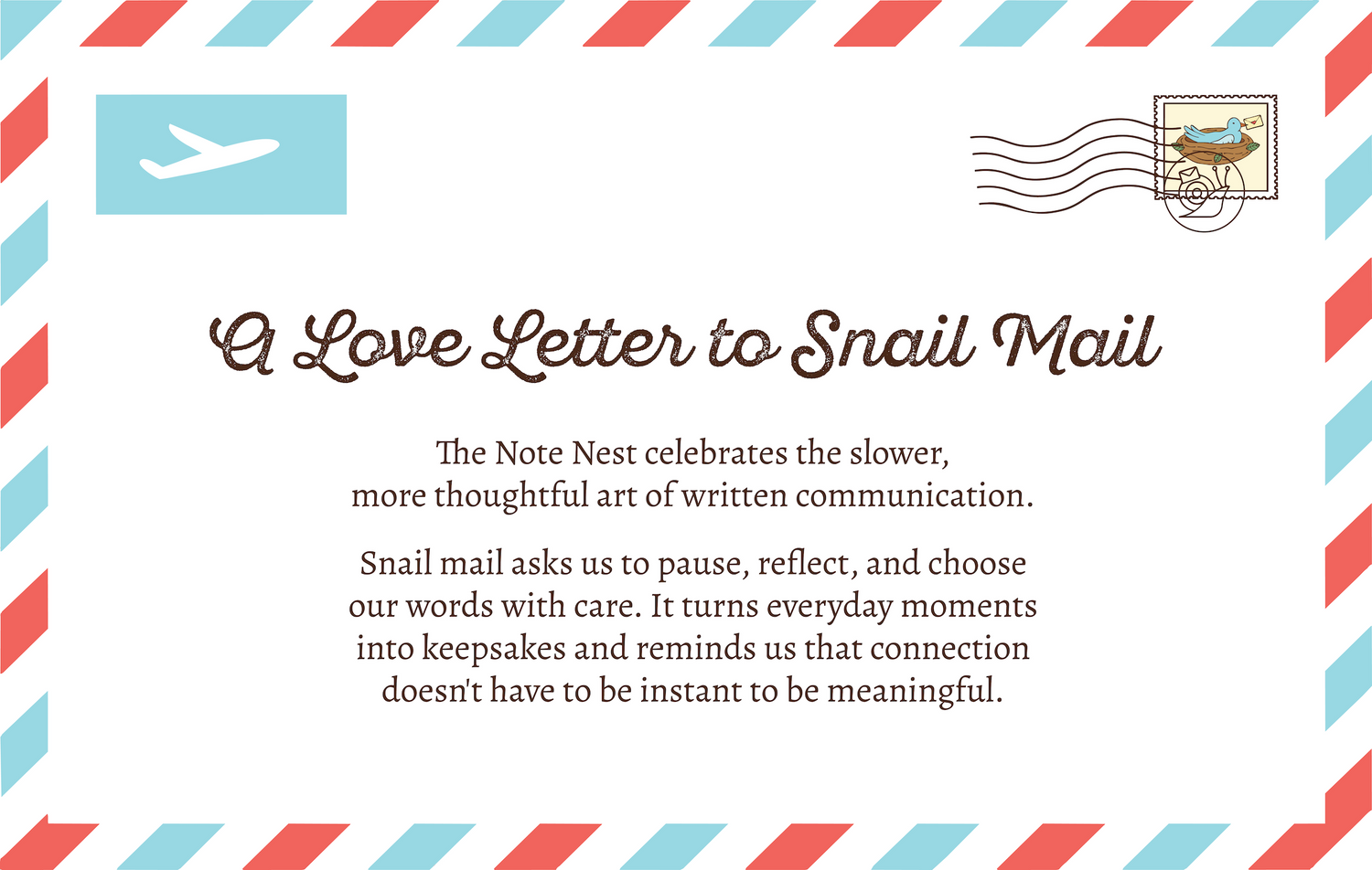 Decorative envelope with a love letter to snail mail text and postal stamps including The Note Nest logo