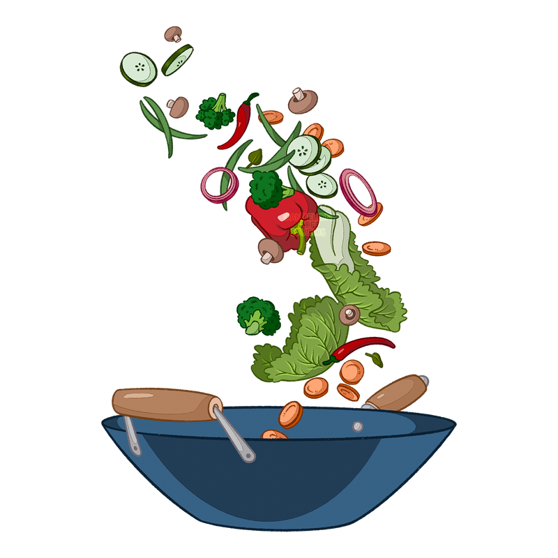 Wok with flying vegetables illustration