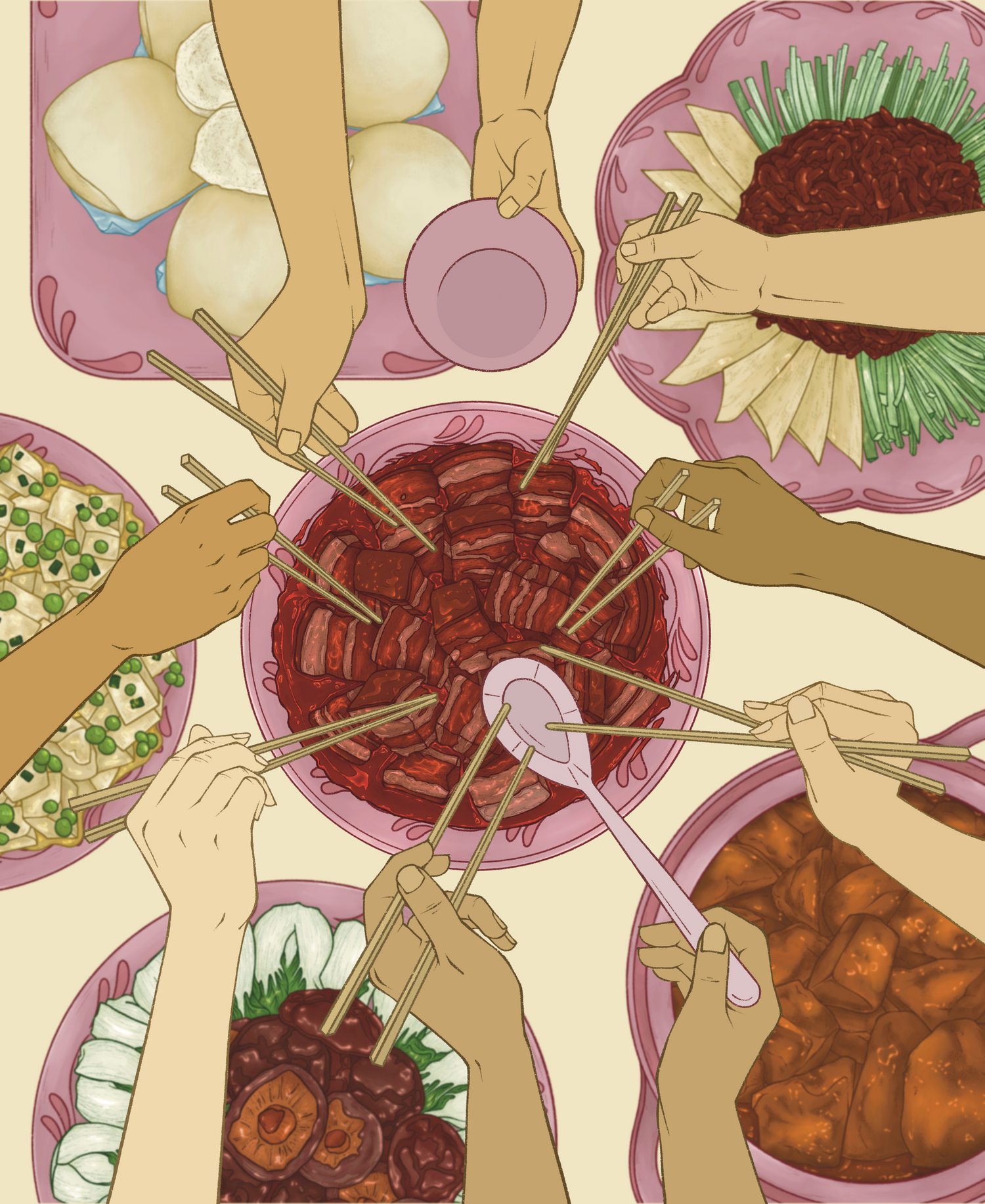 Illustration of hands with chopsticks over a table of dishes